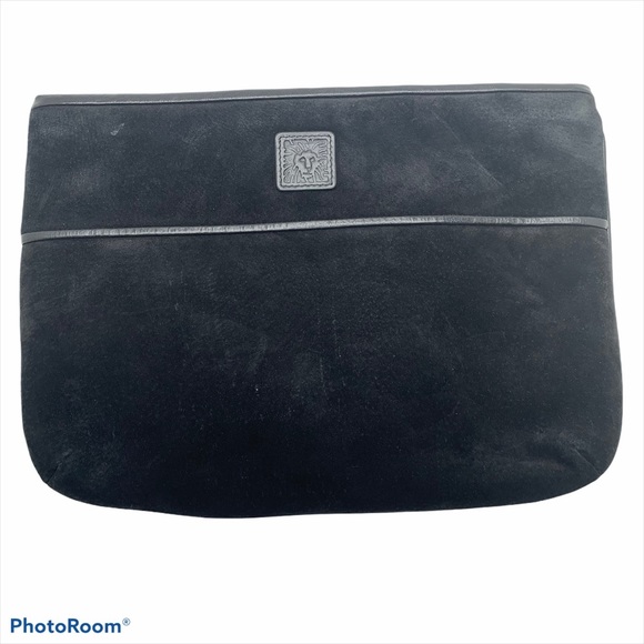 Anne Klein Handbags - VTG Anne Klein Calderon Black Suede Leather 80's Clutch Shoulder Bag Lion Logo
